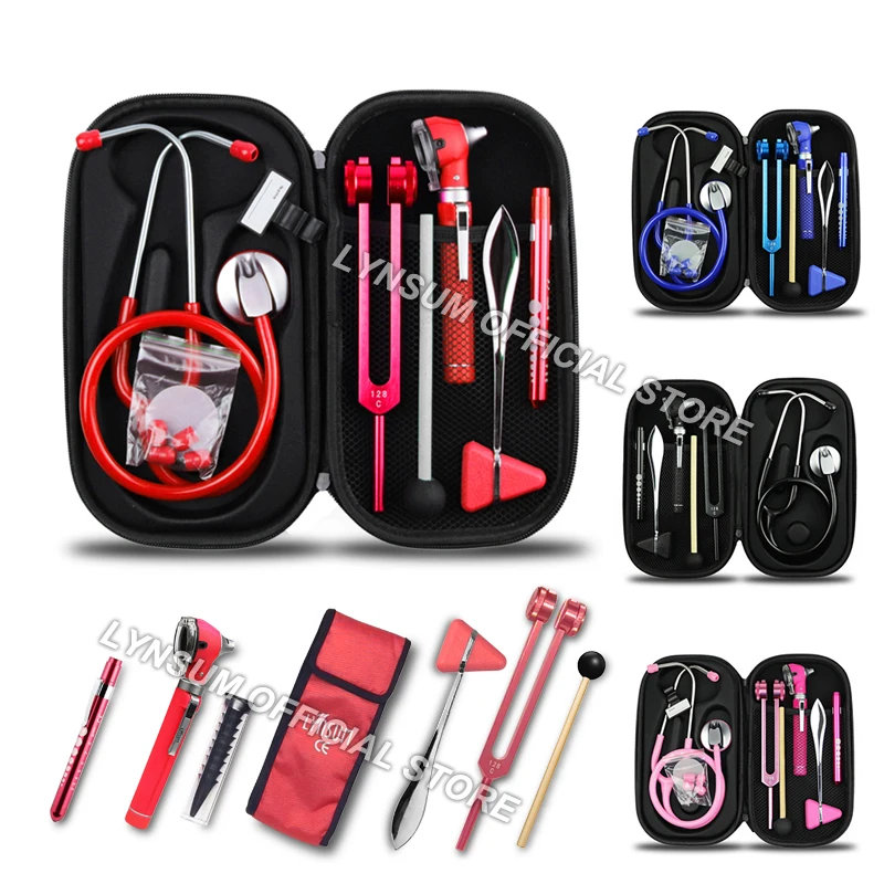 

Health Monitor Nurse Doctor Starter Diagnostic Storage Pouch Tool Set with Medical Stethoscope Otoscope Tuning Fork Penlight D3