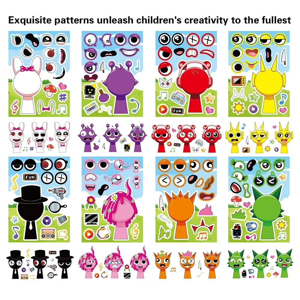8/16 листов Incredibox Sprunki, наклейки-пазлы, детские наклейки для лица, Райдер, аниме, сборка, головоломка, детская игра «сделай сам», украшение для вечеринки
