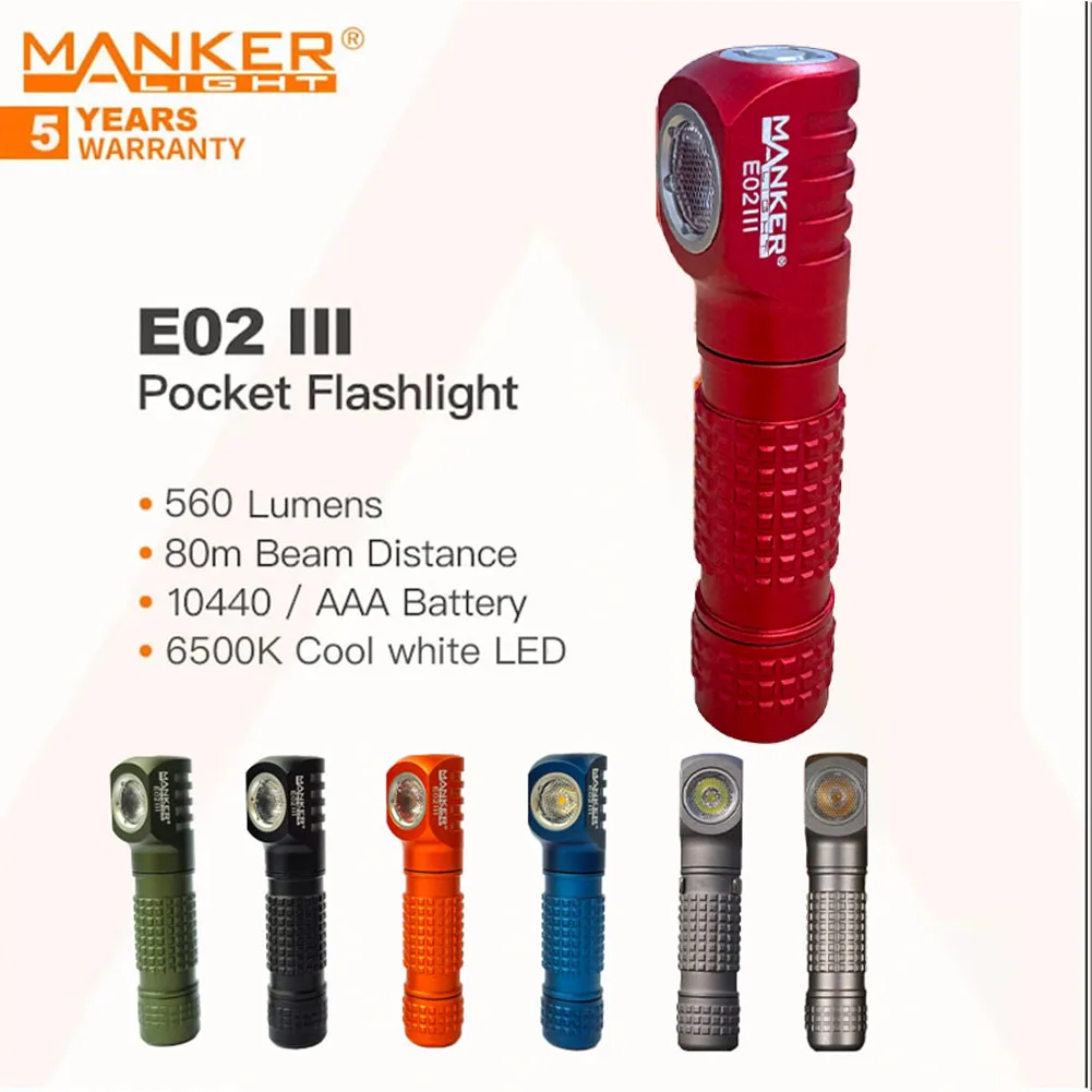 MANKER E02 III  560 Lumen,6500K Cool White，EDC Pocket Flashlight,Powered by 10440 Battery,Magnetic Tail, 10 Lighting Mode(Red)