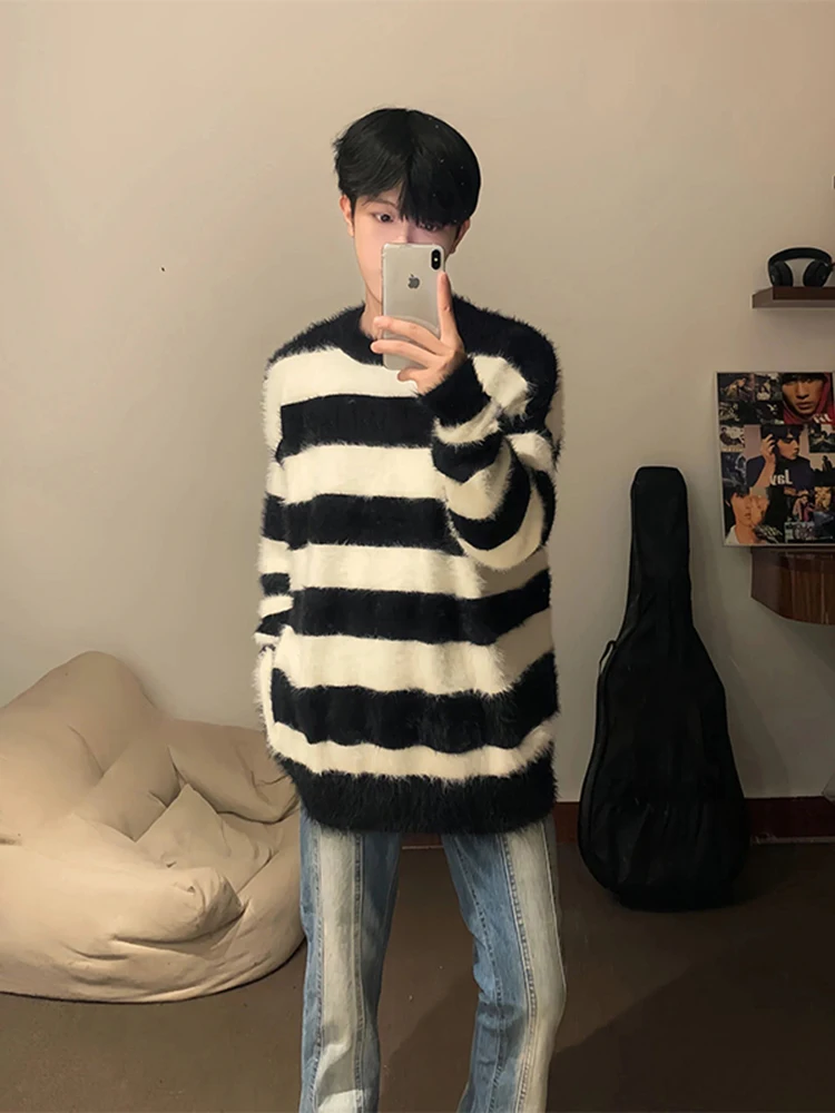 

Мужской свитер в американском ретро-стиле с полосками, зимний, свободный, вязаный, в стиле кэжуал, для пар, удобный, хлопковый, с длинным рукавом