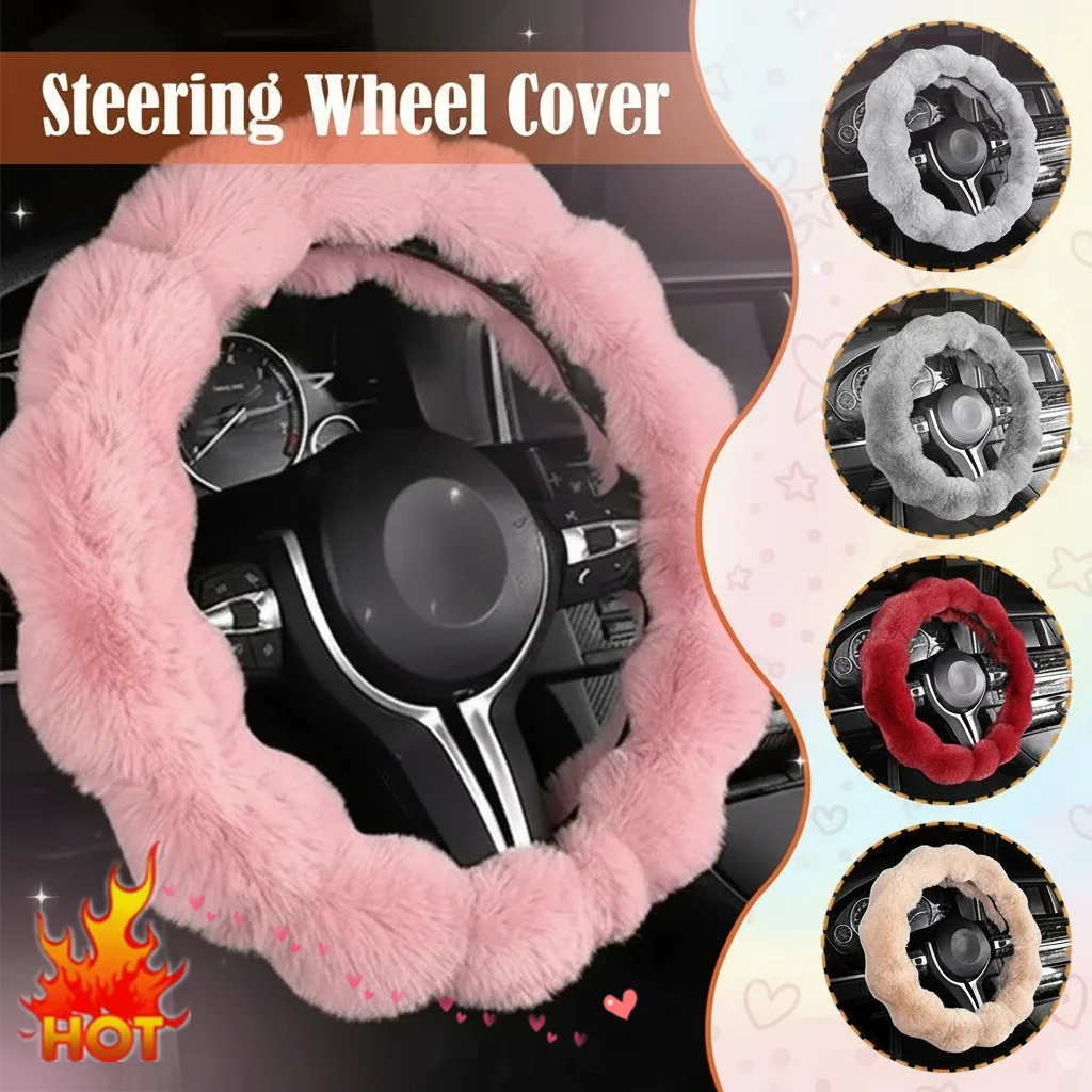 NEW Winter Warm Soft Fluffy Car Steering Wheel Cover Plush Steering  Grip Cover Non-Slip Cartoon Plush Handlebar Cover Gift