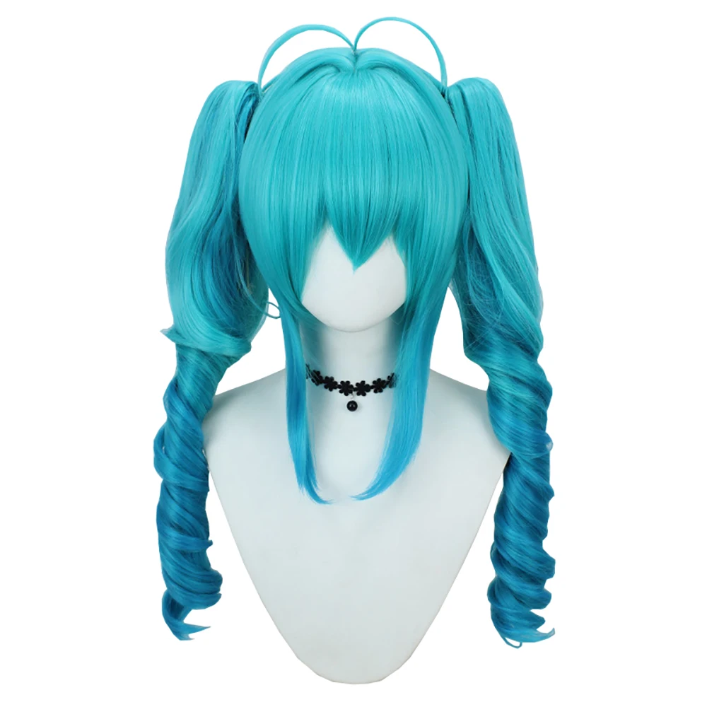 

28-Inch Cosplay Synthetic Hair With Bangs, Miku Cyan-Blue Gradient Color, Curly Ponytail At The End, Halloween Party Lolita Wig