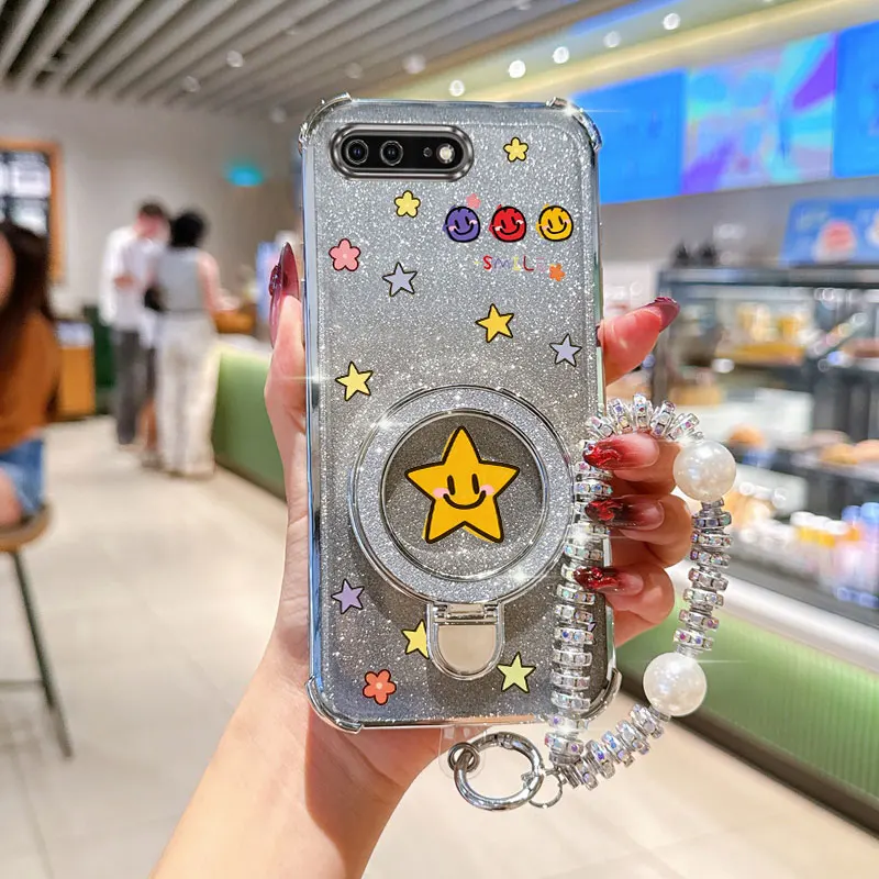 Pérola cinta cordão glitter estrela sorridente suporte do telefone caso para iphone 8 plus 7 6 6s plus se 2020 7plus 8plus suporte capa traseira