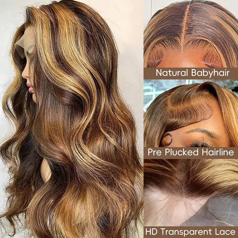 Wig Depan Renda 40 Inci Pirang Madu 4/27 Gelombang Tubuh Rambut Manusia Wig Frontal Renda HD 13X4 Wig Gelombang Tubuh Sorot Rambut Manusia