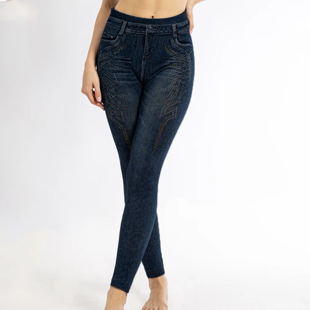 กางเกงเลกกิ้งทรงดินสอประดับเพชรหรูหรา สไตล์เกาหลี สำหรับผู้หญิง ฤดูใบไม้ผลิ รุ่นใหม่ เหมาะสำหรับใส่ทำงาน ผ้าเลียนแบบยีนส์ เอวสูง ยืดหยุ่น
