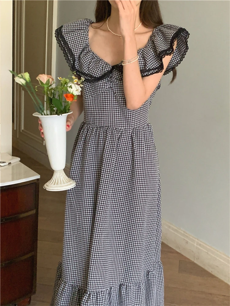 DR10012 2023 New Lace Up High Waist Checkered Sleeveless Korean Fashion Elegant Lady Vintage Women Spring Summer Long Dresses