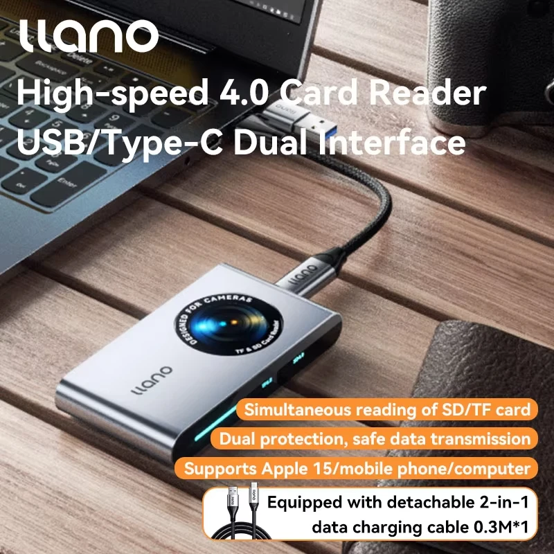 

LLANO USB/Type-C High Speed 4.0 Card Reader SD/TF Dual Card Same Read Mutual Transfer Suitable for Camera Memory Cards