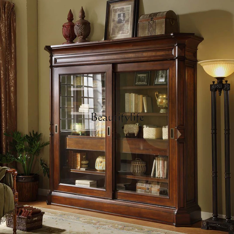 American solid wood bookcase, simple retro glass, single large-capacity sliding door cabinet