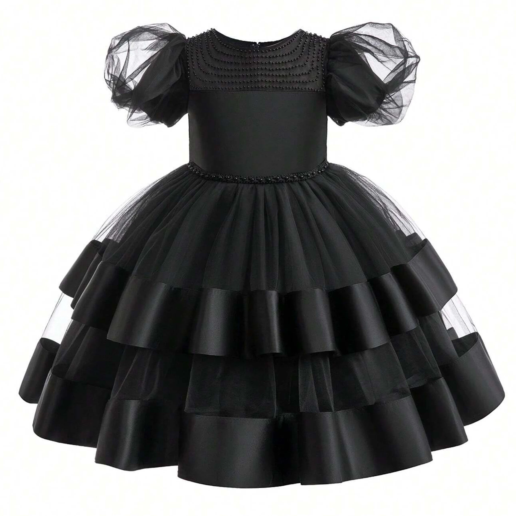 Teen Black Party Dress for Girls Fluffy Lace Birthday Princess Girl Dresses Bow Bridemaid Costume Halloween Photography Clothing