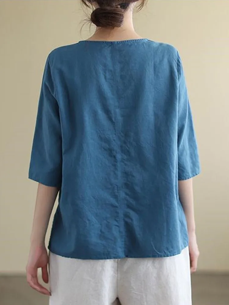 Frauen Baumwolle Leinen Casual T-shirts Neue 2022 Sommer Vintage Stil Floral Stickerei Lose Weibliche Hälfte Hülse Tops Tees B1780