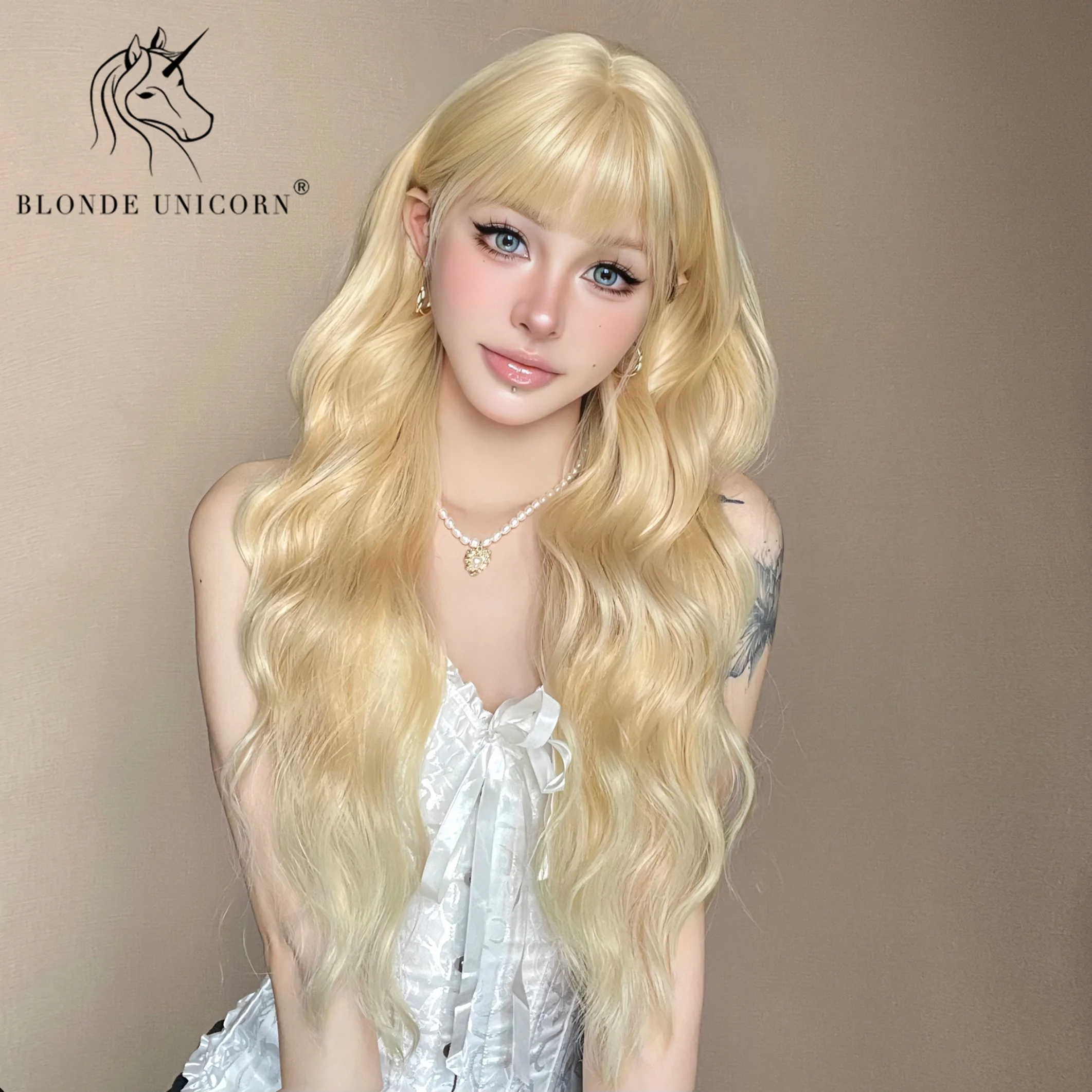 Peruca sintética longa loira unicórnio com Franja para mulheres, cabelo resistente ao calor, cosplay de festa diária
