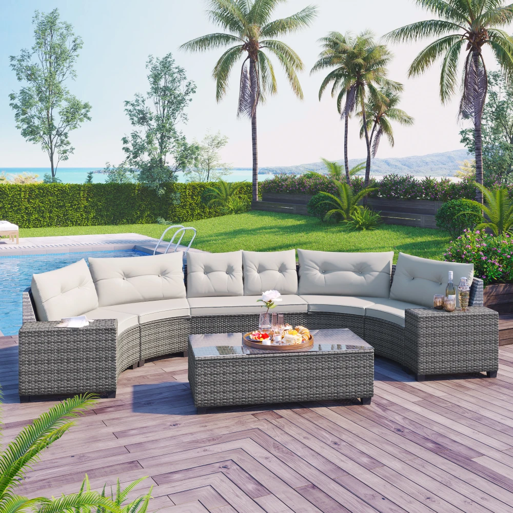 

Outdoor half moon willow combination all-weather sofa set with rectangular coffee table, movable cushion, Beige