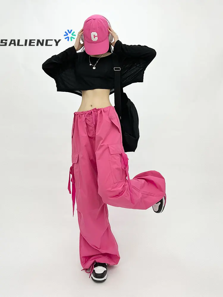 American Retro Rose Pink Low Waist Hiphop Skateboard Pants Female Street Dance Straight Wide Leg Beam Foot Baggy Casual Trouses