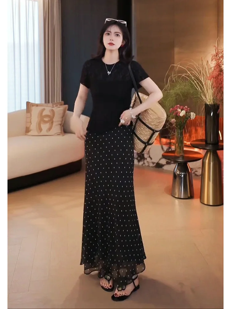

Wave dot fish tail skirt women's half skirt 2025 summer new mid long retro Hong Kong style bag hip high waist chiffon long skirt