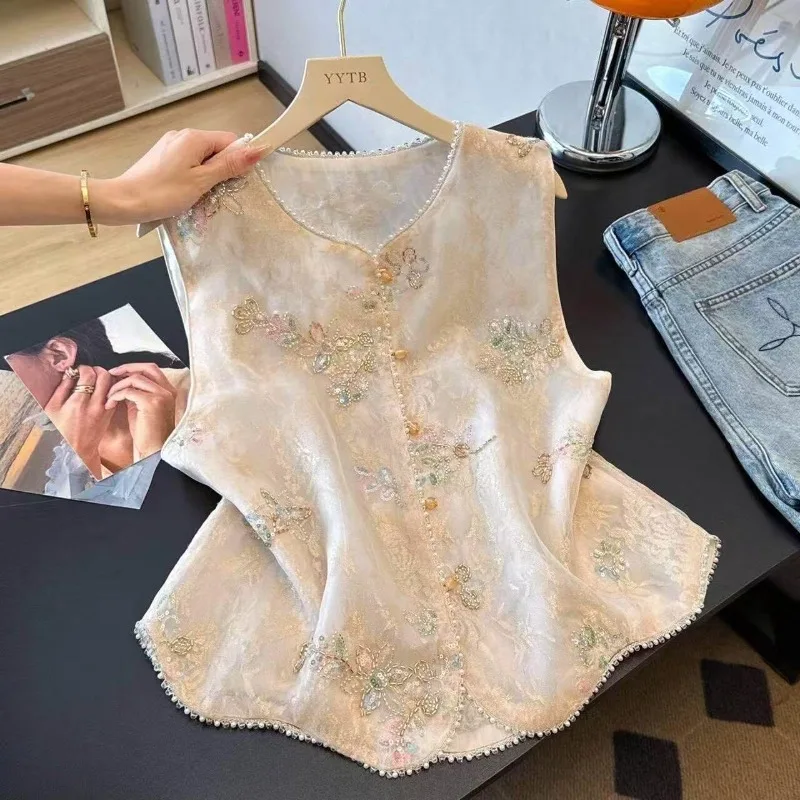 2026 Chinese Heavy Industry Embroidery Beaded Vest Gentle Temperament Sleeveless Vest National Style Exquisite Jacquard Top Vest