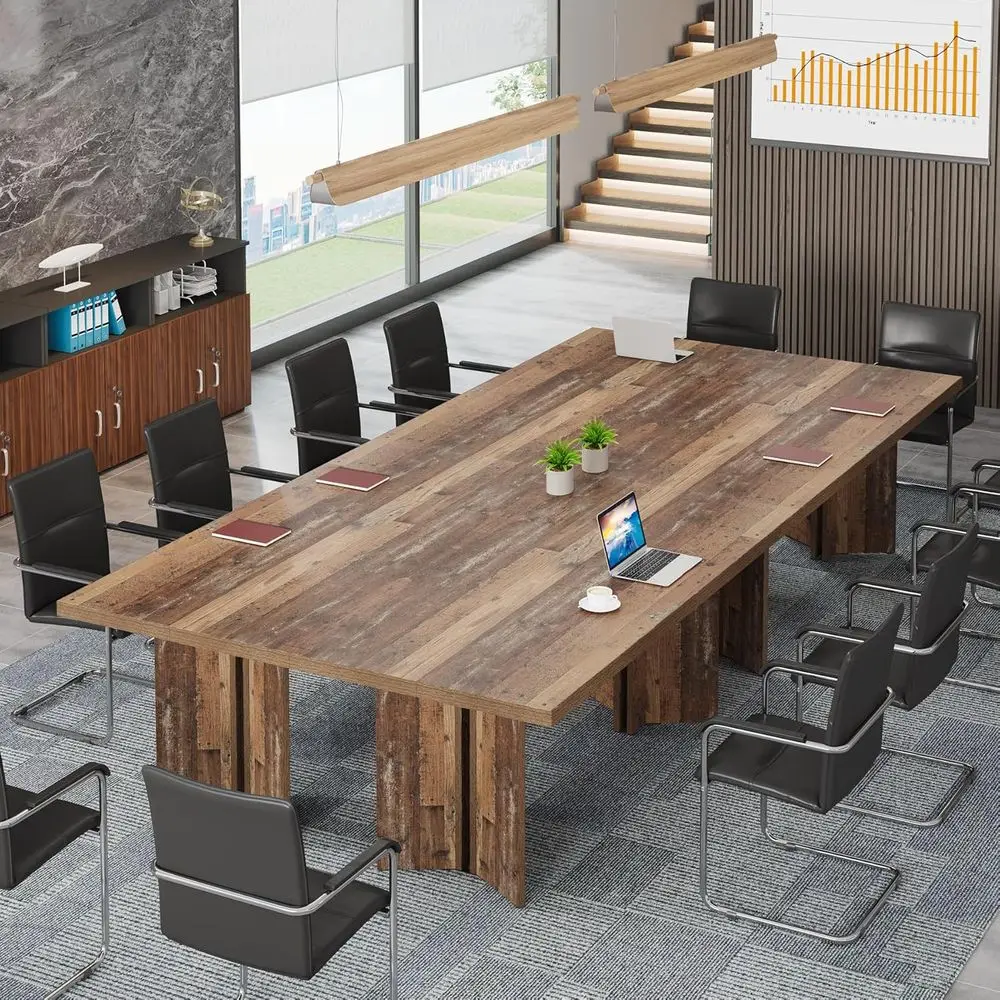 

Large 10-14 Seater RecMeeting Seminar Table, 10.5ft Long Wooden Conference Table in Distressed Brown (Set of 4)
