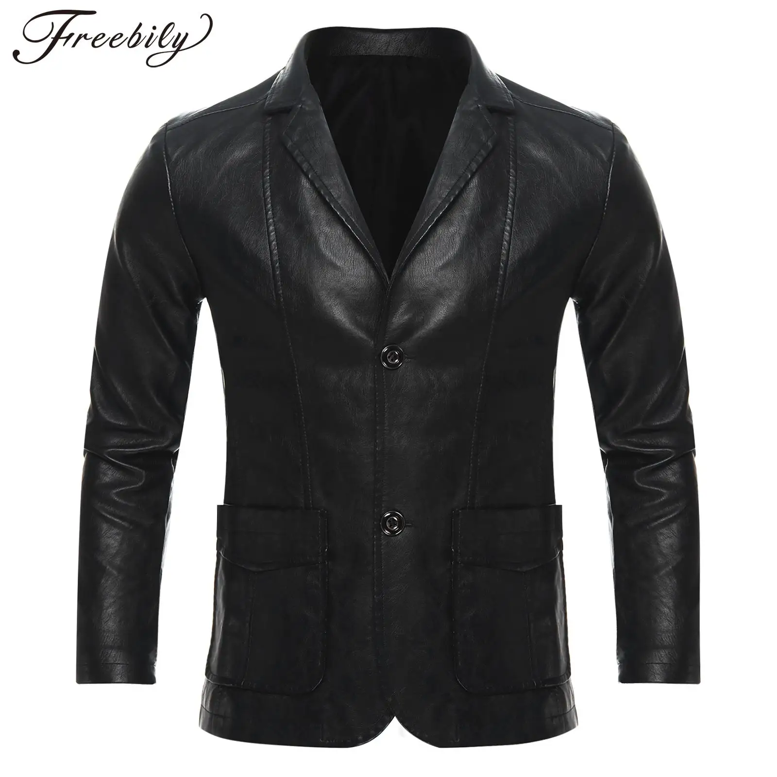 Mens Fashion Pure Color Soft PU Leather Motorcycle Coats Notch Lapel Big Patch Pockets Windproof Blazer Jackets Button Outerwear