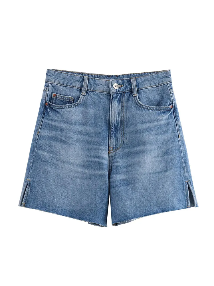 

2024 European and American style summer new women's clothing slim and versatile trouser legs split high waist denim shorts