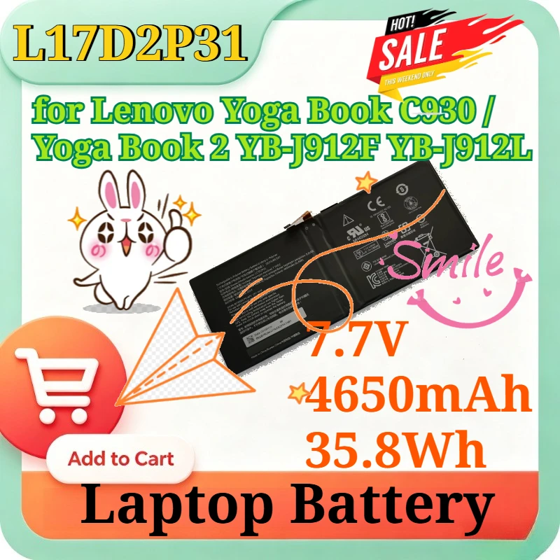 New L17D2P31 7.7V 4650mAh 35.8Wh Li-Polymer Replacement Laptop Battery for Lenovo Yoga Book C930 / Yoga Book 2 YB-J912F YB-J912L