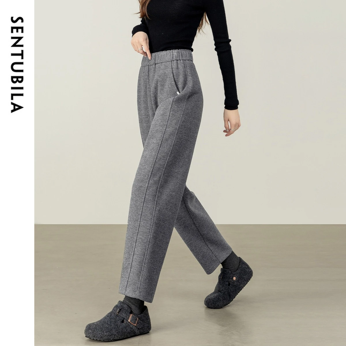 

SENTUBILA Women's Wool Blend Ankle Length Pants 2025 Fall Winter Commuter Elastic Waist Acetate Wool Warm Trousers 153KK0186