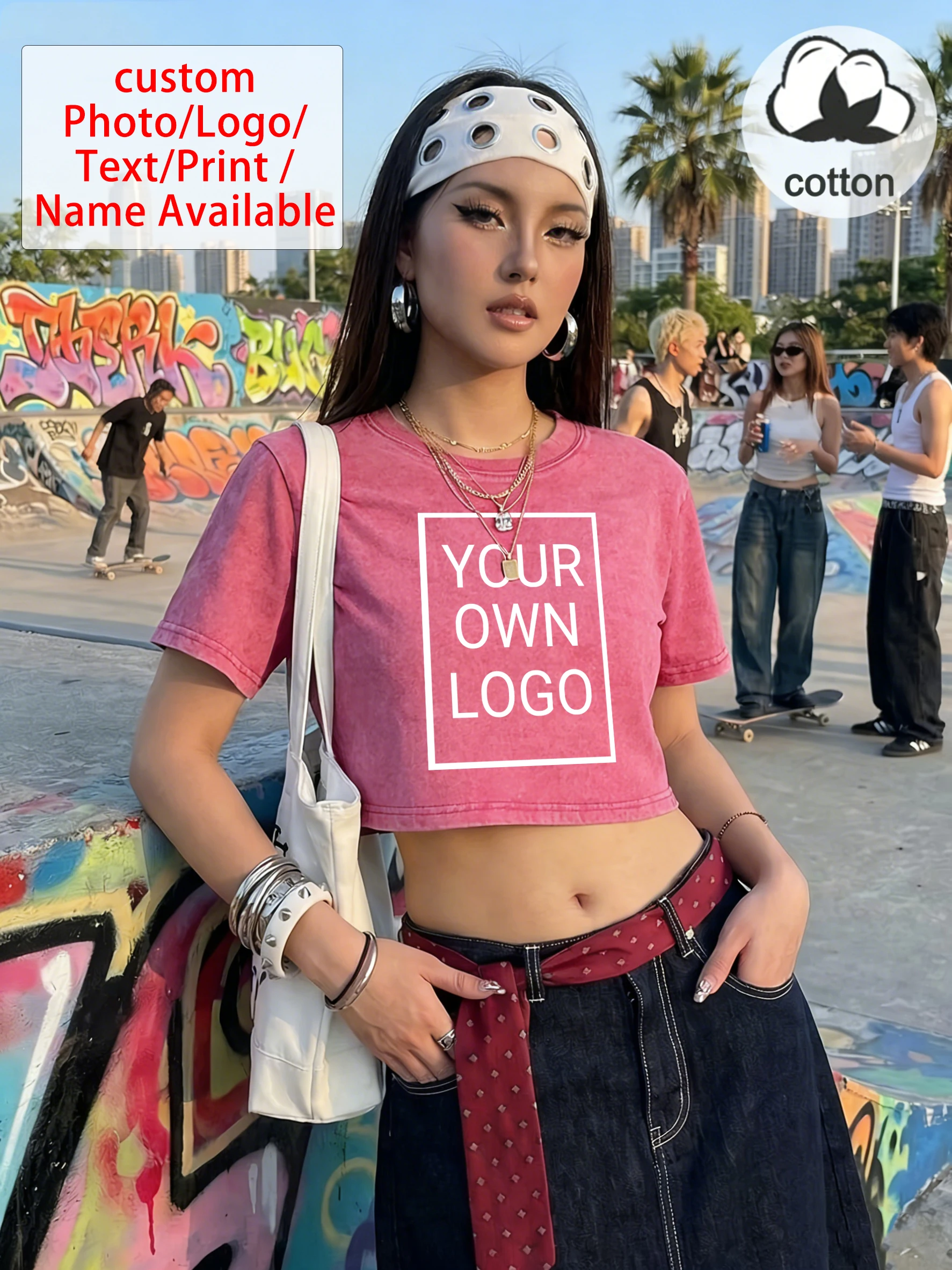 Customize Logo DIY Music Party Womens Washed T-Shirt Casual Cotton Tops Slim Fashion T Shirts Fitness Summer Short Sleeve