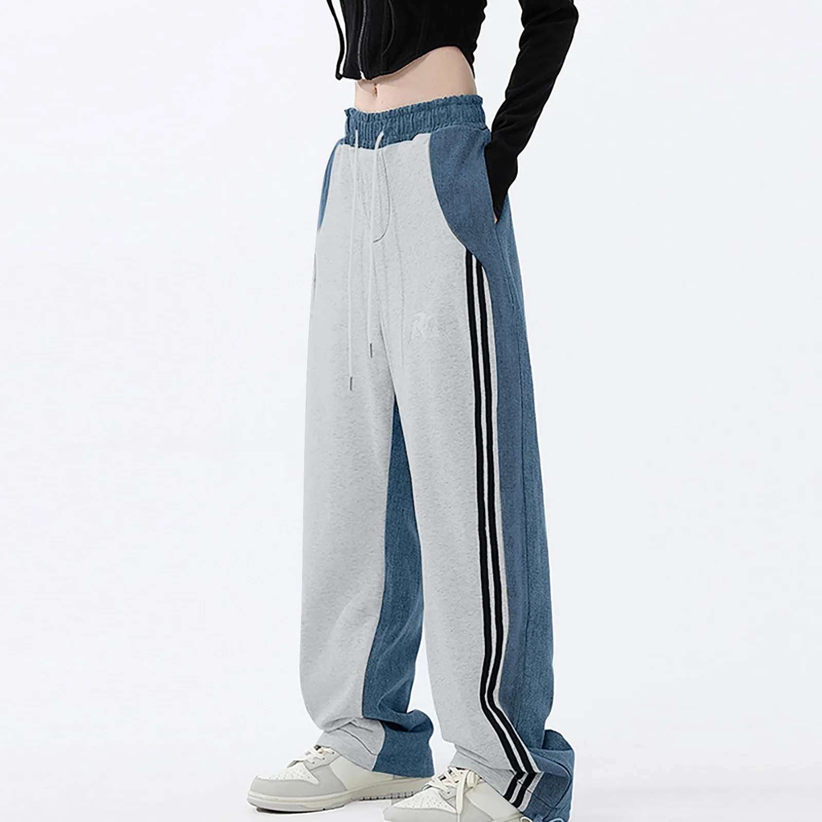 

Sports Pants Striped Joggers Sweatpants Bf Wide Leg Streetwear Hip Hop Women High Waist Drawstring Baggy Straight Trousers