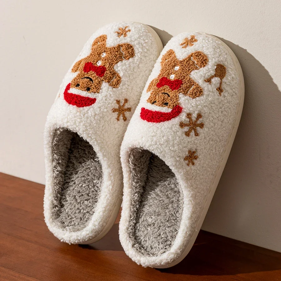 Women's Christmas Slippers Adorable Indoor Festival Gingerbread Man Embroidery Couple Fashion Winter Holiday Christmas Shoes - Image 2