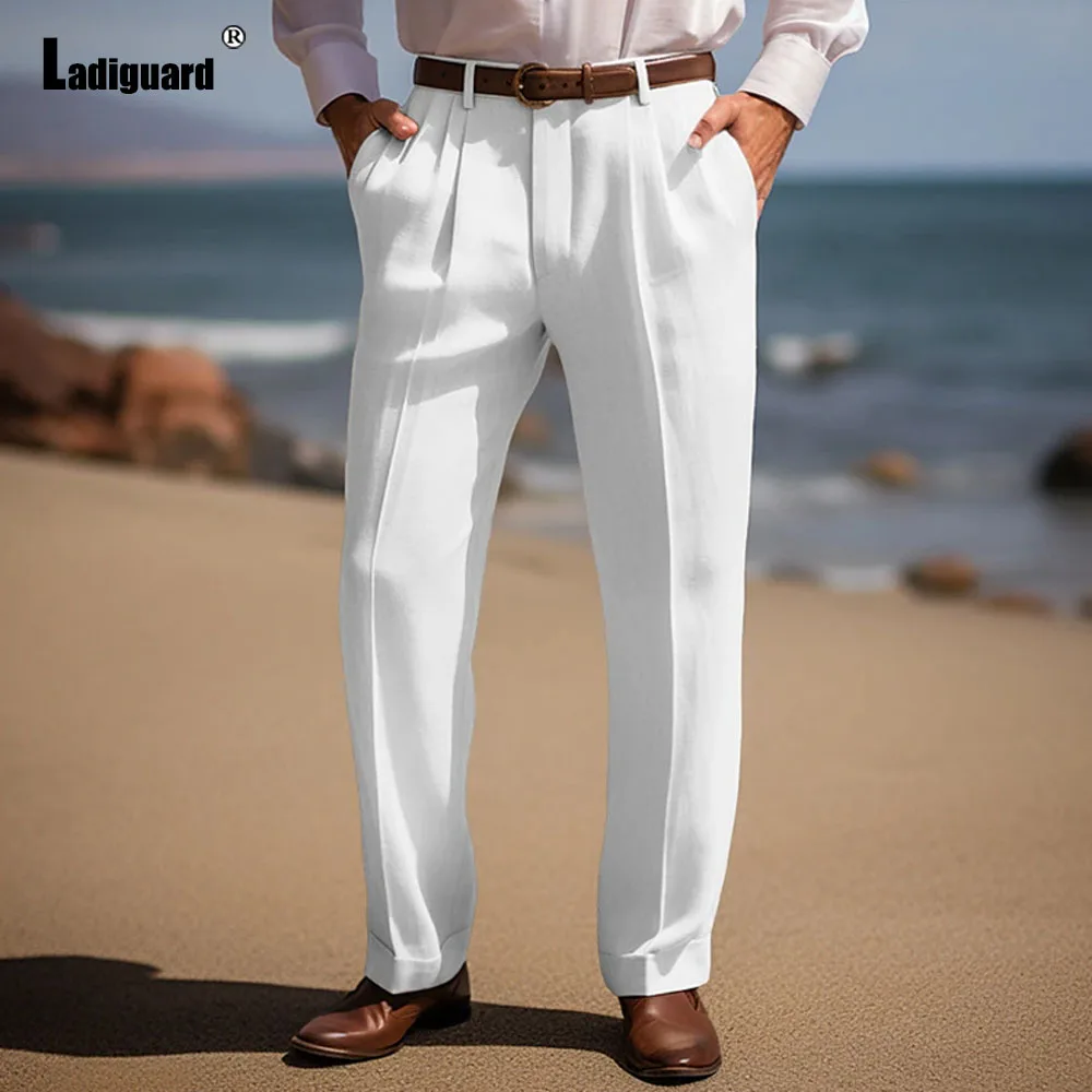 2025 Mens Elegant Casual Linen Pants Solid White Khaki Skinny Retro Basic Trousers Mens Fashion Zipper Pocket Straight Pants New