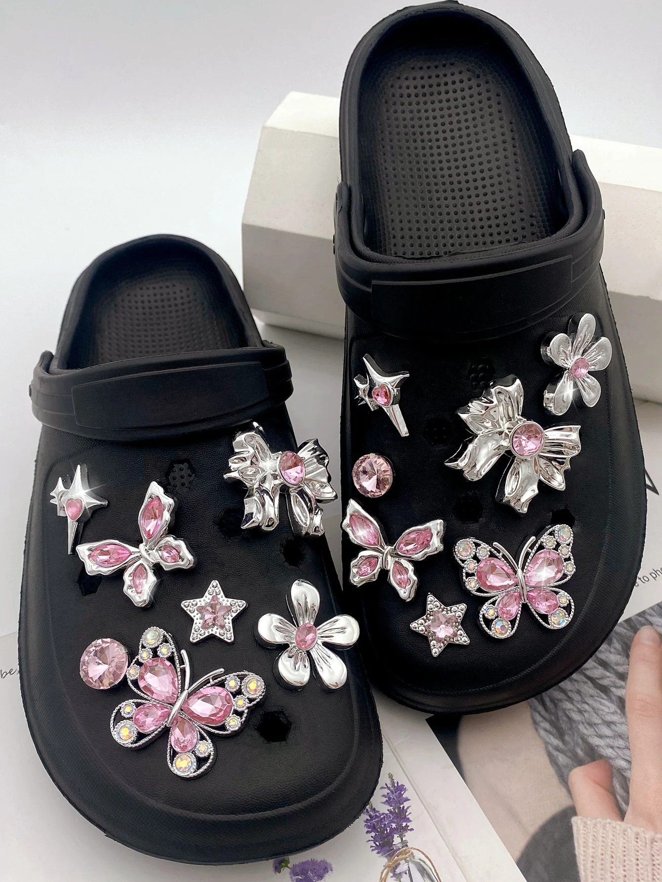 14 pieces of pink ABS diamond butterfly, flower, star, bow, five-pointed star shoe buckles, DIY decorations, multi-functional sh