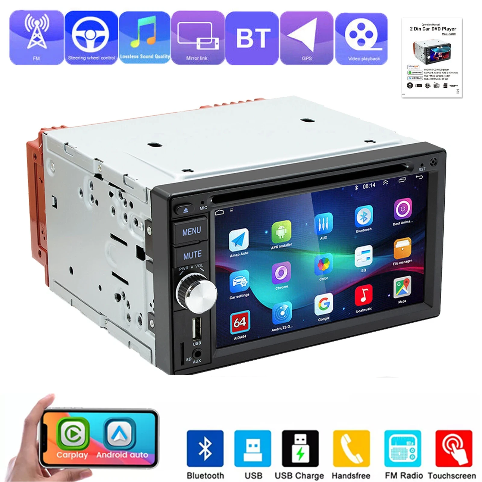 MOPECT 6.2 Inch Draadloze Carplay Android Auto Dubbele 2 DIN Autostereo Radio CD DVD Speler AUX FM Bluetooth USB MP5 Mirror Link
