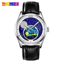 SKMEI-reloj de pulsera con correa de cuero genuino para hombre, cronógrafo informal de cuarzo con fase lunar y cielo estrellado, resistente al agua, Clcok, masculino