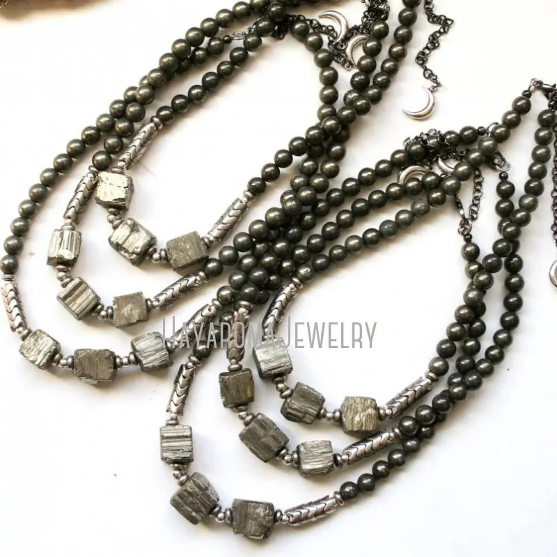 NM43393 Raw Pyrite Cubic Crystal Beaded Choker Necklace Rough Natural Witch Wicca Hippie Jewelry