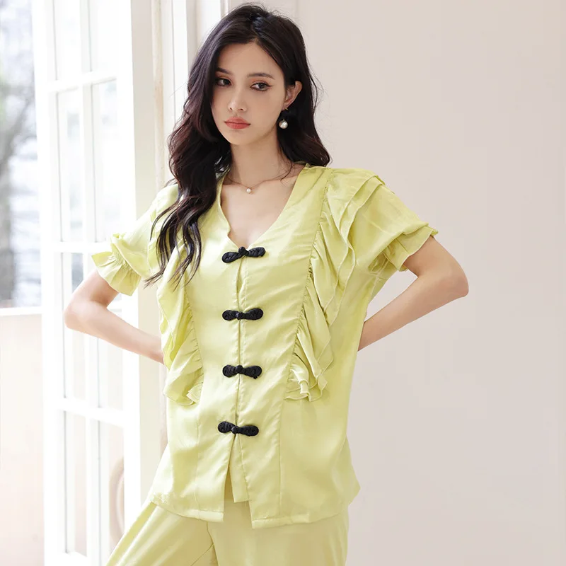 

Женский шелковистый атласный пижамный комплект из двух предметов с короткими рукавами и длинными брюками, пижамные комплекты, одежда для сна, домашняя одежда, повседневная домашняя одежда на пуговицах