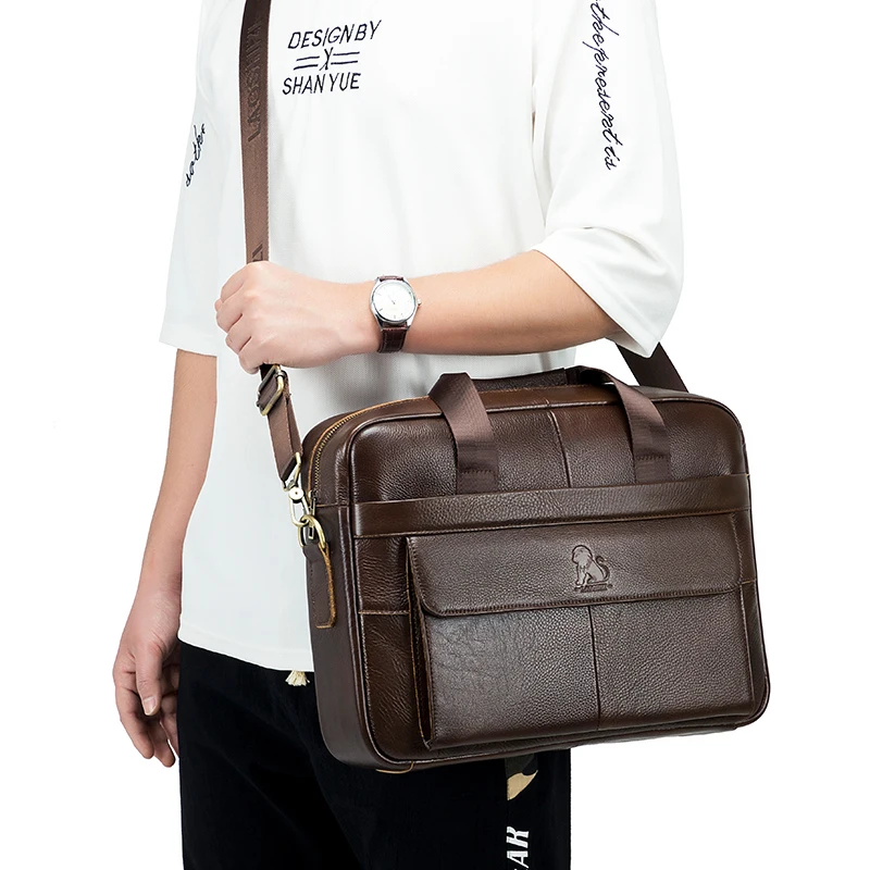 STEEL LION Valigetta da uomo in vera pelle Borsa per computer a tracolla di grande capacità con tracolla singola Cintura di fissaggio per bagagli