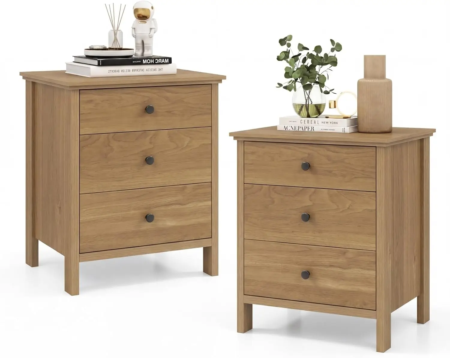 Nightstand with 3 Drawers Set 2, Wooden Bedside Table, Natural | Retro bedside table with 3 storage drawers, solid wood legs, co