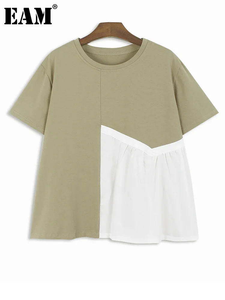 [EAM] Women Khaki White Color-block Big Size Casual T-shirt New Round Neck Short Sleeve Fashion Tide Spring Summer 2025 1DH5303