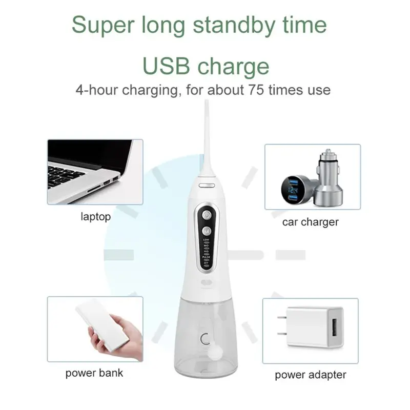 AT28-Portable Cordless Water Flosser 360° Nozzle 300Ml With 2300 Pulses 5 Mode Oral Irrigator For Braces, Teeth Cleaner Kit