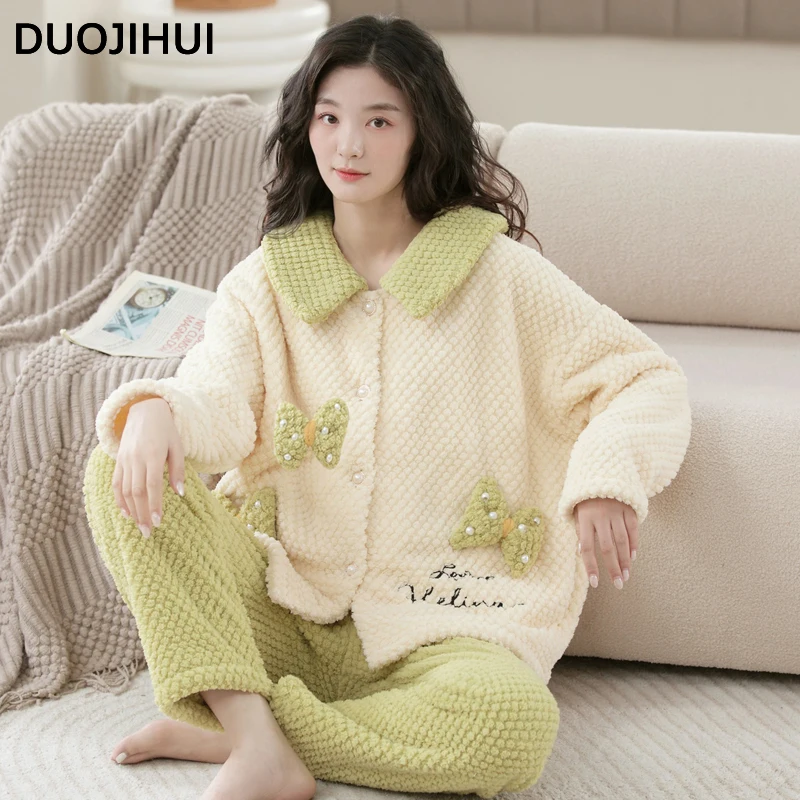 DUOJIHUI Korean Fashion Long Sleeves Cardigan Casual Women's Pajamas Set Winter Loose Simple Contrast Color Female Sleepwear Set