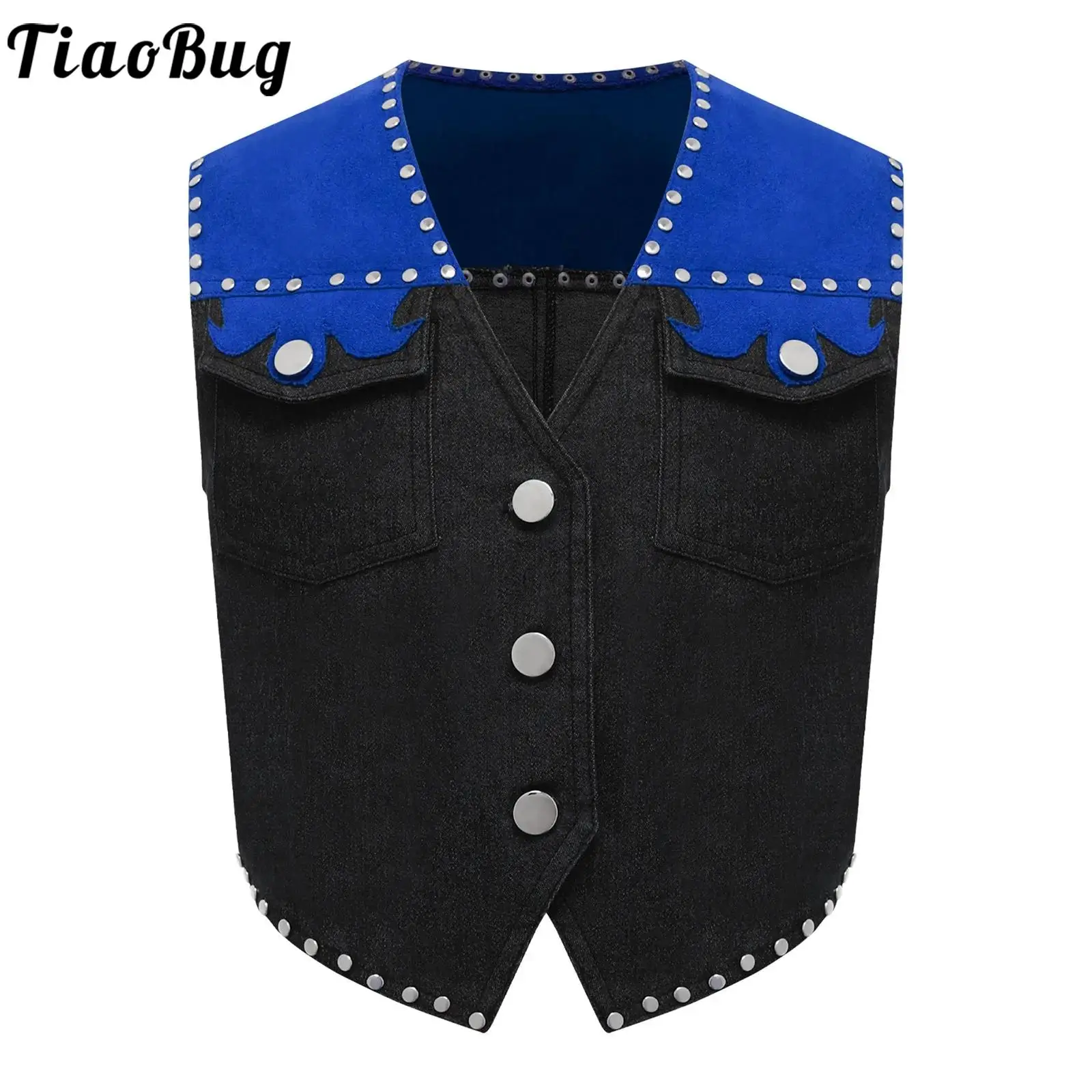

Children Western Cowboy Cosplay Costume V Neck Buttons Rivet Fringe Cowgirl Vest Halloween Carnival Party Retro Denim Waistcoat