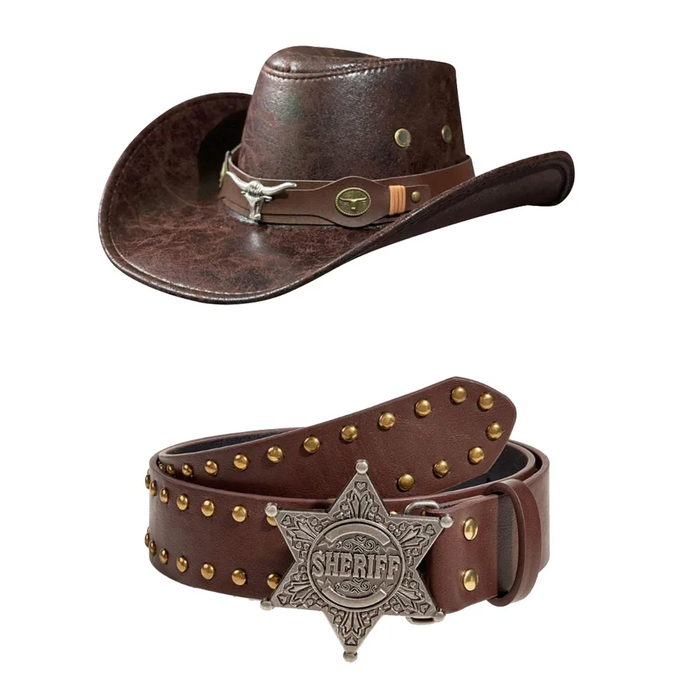 2pcs/set Vintage Western Cowboy Hat with Y2K  Punk Star Buckle Riveted Waist Belt Women Outdoor Travel Wide Brim Cowgirl Sun Cap