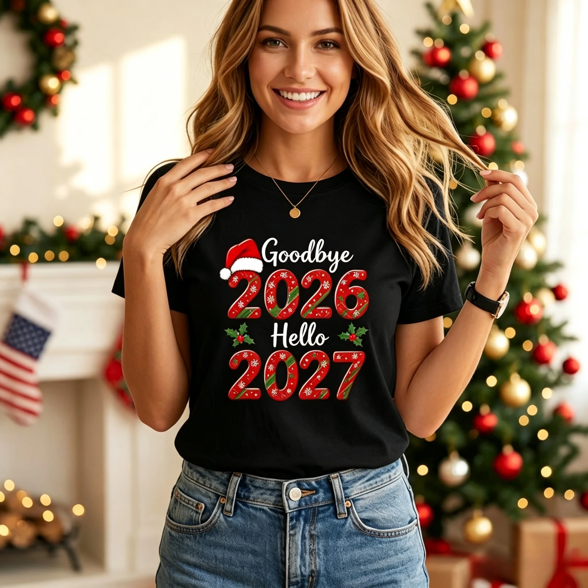 Trendy Holiday Graphic T Shirt Goodbye 2026 Hello 2027 Holly Letter Print Crew Neck Short Sleeve New Year Party Daily Wear Tops
