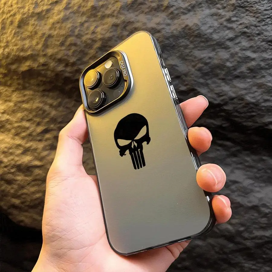 Marvel Punisher Phone Case for iPhone 16Pro 15 Plus 14Pro Max 12 Pro 14 Plus 16 15 14 13 12 11 Pro Max Silver Cover Funda