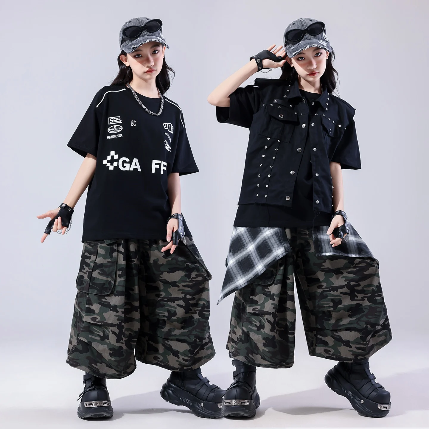 

Детская одежда для джазовых танцев, костюм для выступлений Kpop для девочек, камуфляжный танцевальный костюм для сценического шоу, черный жилет с заклепками, уличная одежда 2580
