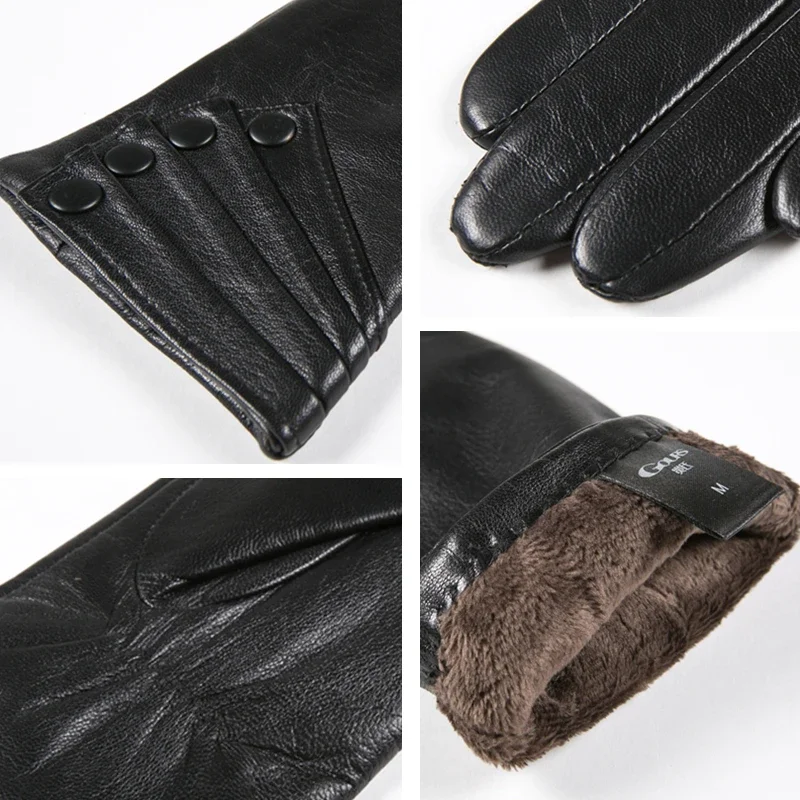 GOURS-Gants d\'hiver en cuir véritable pour femme, gants noirs en peau de chèvre véritable, doublure sourire, chauds et doux, boutons de conduite à