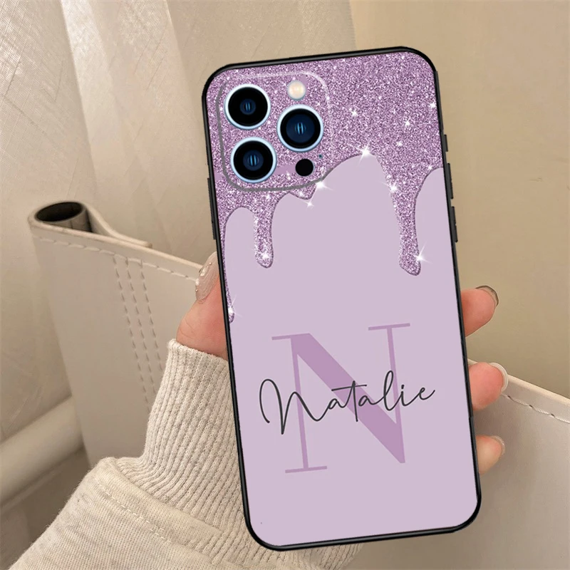 Personalised Name slim liquid glitter Case For iPhone 16 15 12 13 Mini 11 14 Pro Max X XR XS 7 8 14 Plus Cover Coque