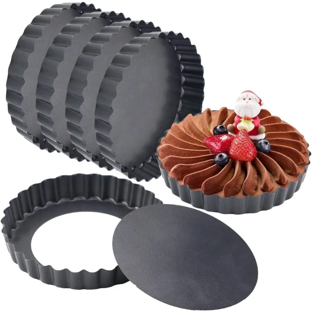 6PCS 5inch Tart Pans with Removable Bottom Nonstick Round Quiche Pan Heavy Duty Fluted Sides for Tartlets Mousse Cakes Dessert