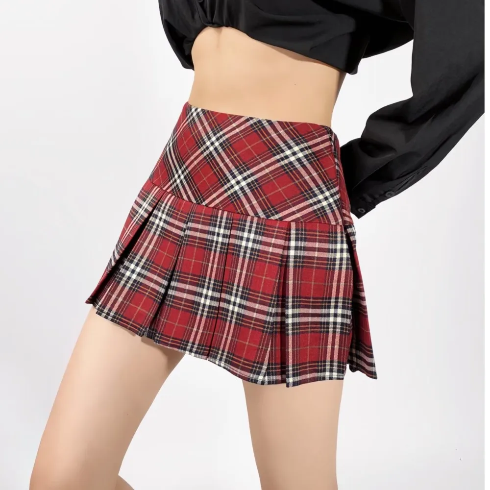 2024 American Retro Contrast Color Plaid Pleated Mini Skirt Sexy High Waist Short Skater Skirts With Underwear