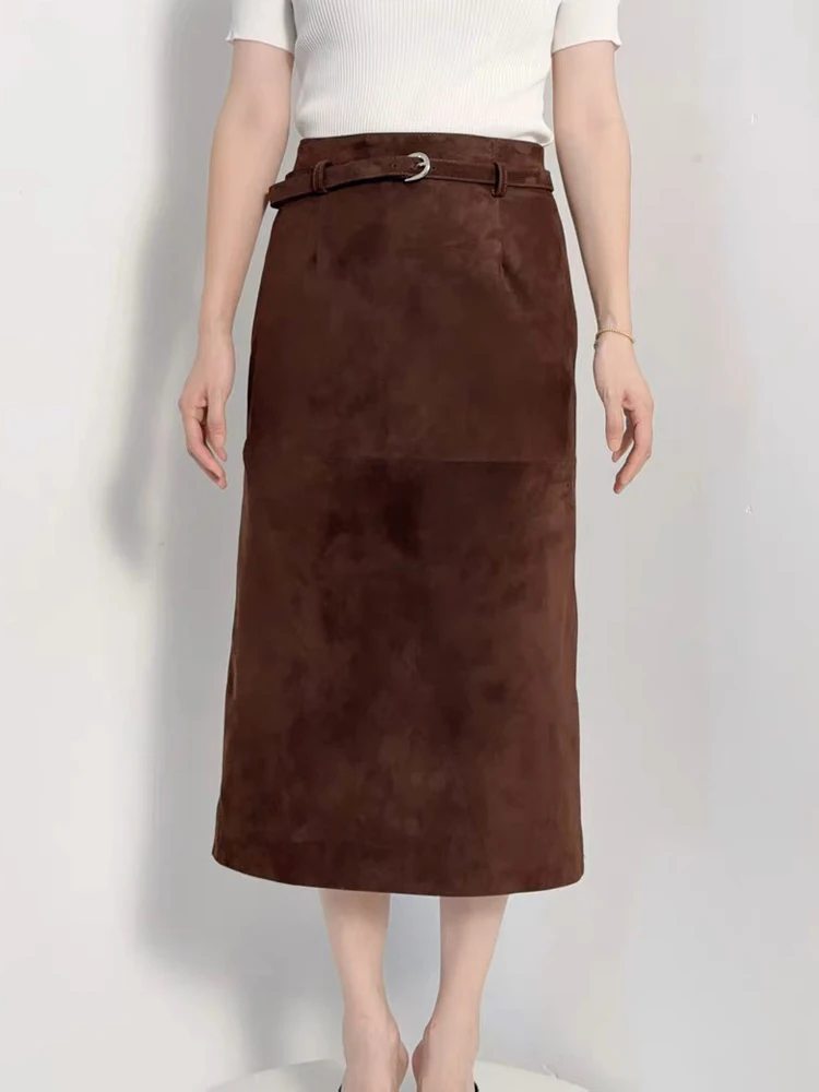 

Retro Suede Leather Skirt Soft Lambskin Midi Skirt with Waist Belt Calf Length Skirts for Women Korean Fashion Clothing