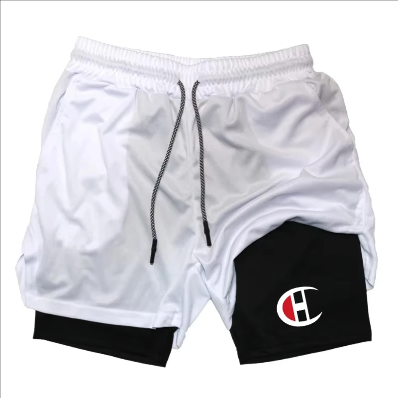 

New light luxury trendy brand printed double-layer 2-in-1 shorts men's exercise training gym sports pocket quick-drying shorts