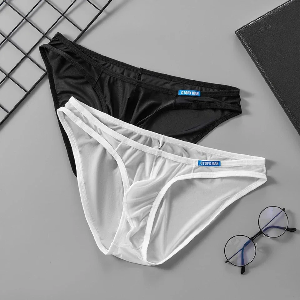 

1pc Men Sexy Sheer Briefs Low Waist Underwear Ice Silk U Shape Pouch Panties Smooth Breathable Mesh See Through Underpants